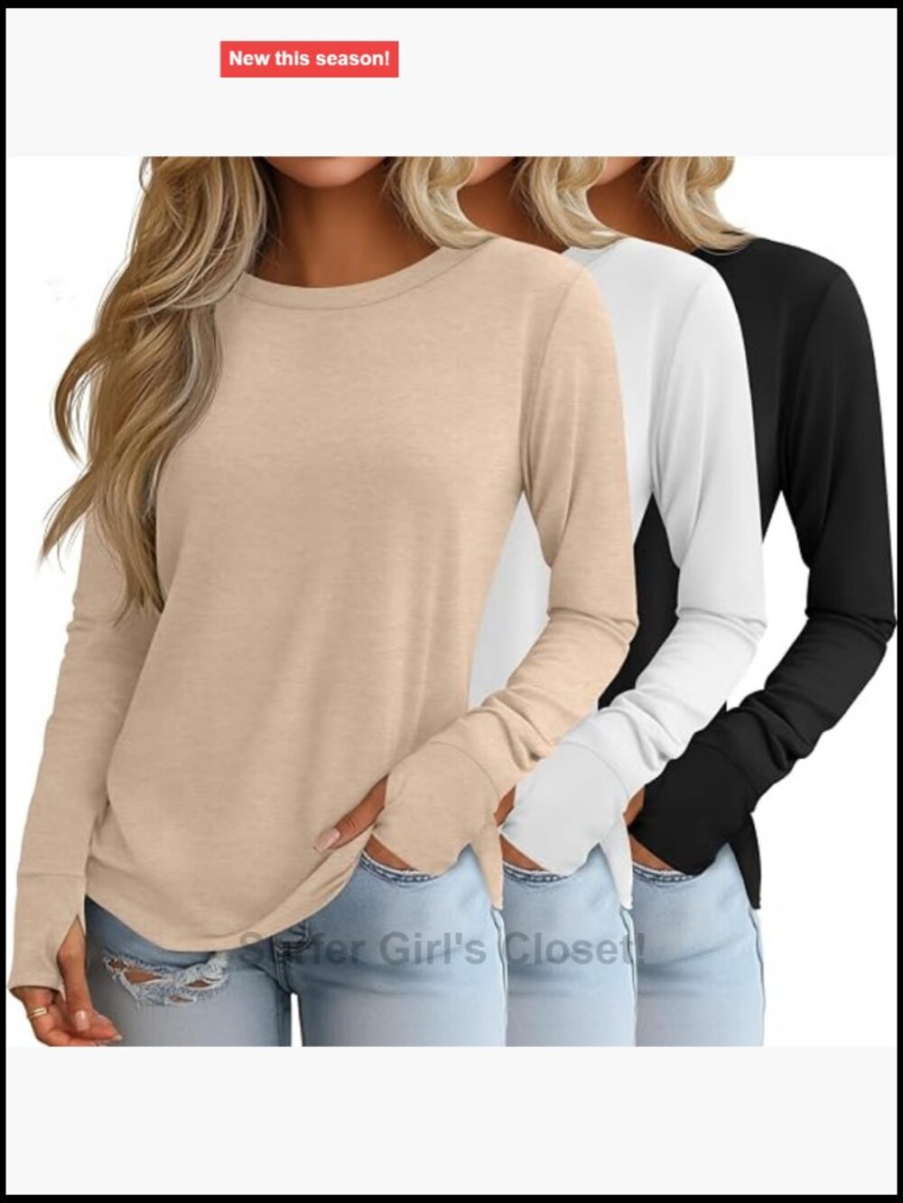 3 Pack Women's Long Sleeve Cotton Shirts With Thumb Holes, 95% Cotton, Basic